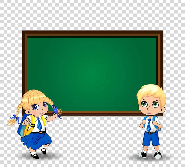 Pair Cute Little Schoolkids Pupils Wearing Uniform Backpacks Standing Blackboard — Stock Vector