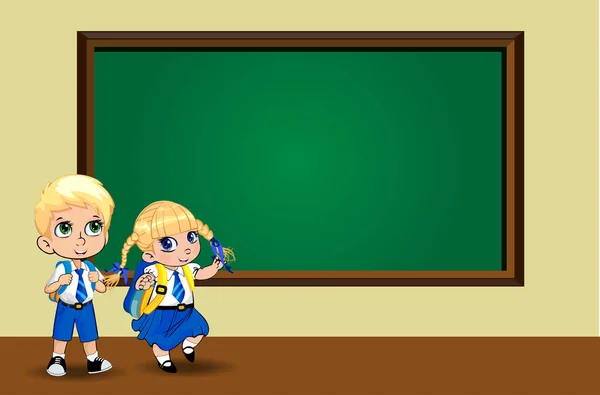 Cute Cartoon School Girl Boy Wearing Uniform Backpacks Clean Chalkboard — Stock Vector