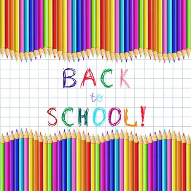 El yazma yarım yamalak okuluna geri dön çok renkli ahşap kalemler dalgalı yatay kenarlık ile beyaz damalı Kağıt defter sayfada renkli kalemler yazı yaptı. Vektör çizim, el ilanı