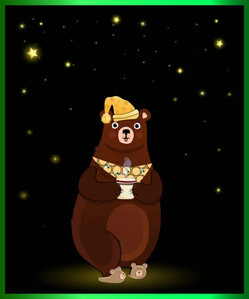 Ilustração Vetorial Personagem Bonito Urso Desenhos Animados Chapéu Dormir Chinelos — Vetor de Stock