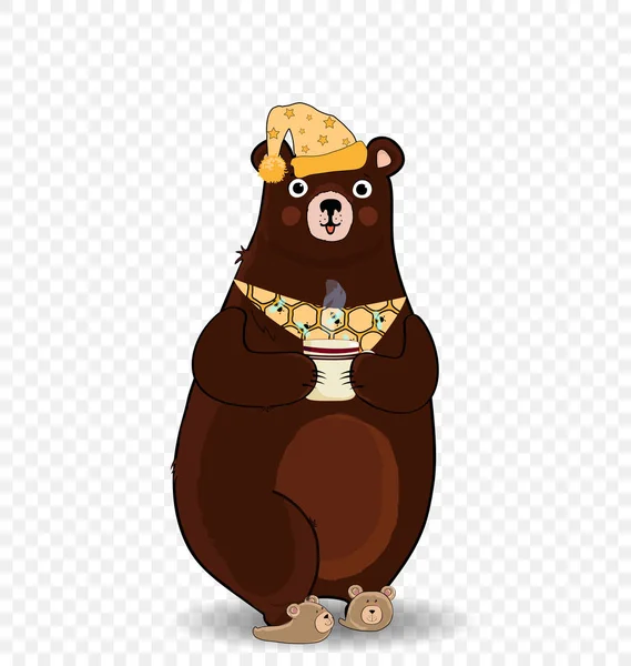 Ilustração Vetorial Kawaii Personagem Urso Desenho Animado Chinelos Chapéu Dormir — Vetor de Stock