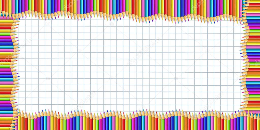 Vector rectangle wavy border made of multicolored wooden pencils graphing paper background. Back to school framework bordering template concept or photo frame with empty copy space for text