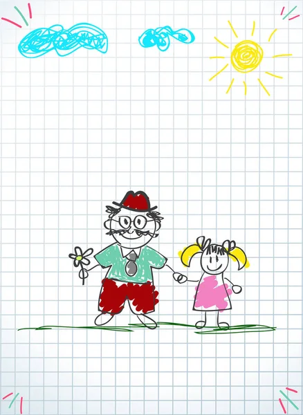 儿童彩色铅笔手绘的祖父和孙女一起手和花在正方形笔记本电脑背景与太阳和云彩的手和鲜花 儿童涂鸦图纸 — 图库矢量图片
