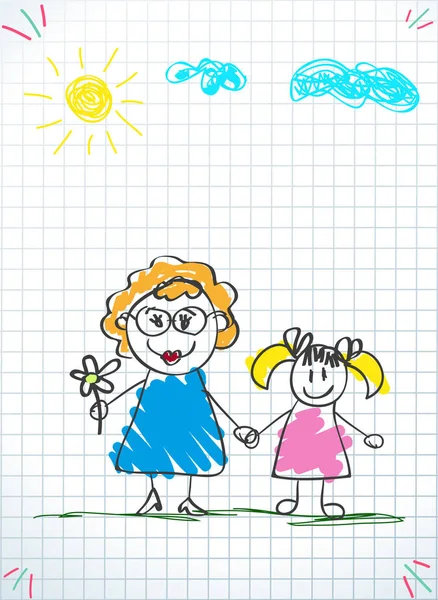 Kinder Bunte Bleistiftzeichnungen Vektor Illustration Von Großmutter Und Enkelin Die — Stockvektor
