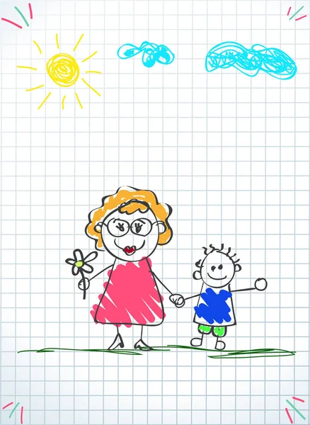 Παιδικά Σχέδια Ευτυχισμένη Οικογένεια Χρωματιστό Μολύβι Χέρι Διανυσματικά Εικονογράφηση Γυναίκα — Διανυσματικό Αρχείο