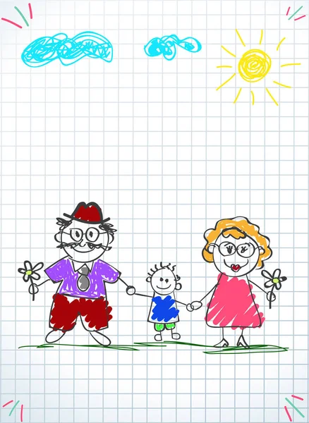 儿童彩色铅笔图纸的爷爷 奶奶和孙子一起在笔记本的平方片背景与阳光和云彩 — 图库矢量图片