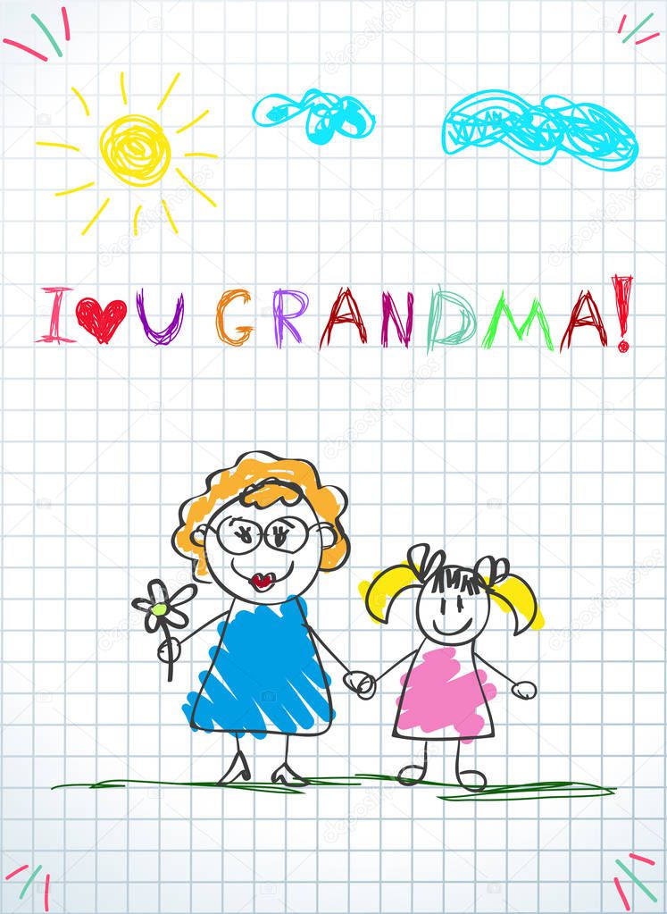 Children colorful pencil drawings. Vector illustration of grandmom and grandchild together holding hands and inscription i love you grandma on squared notebook sheet background. Kids doodle drawings.
