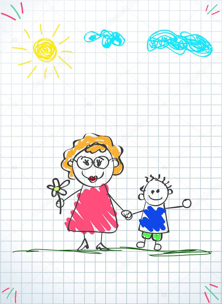Kids drawings of happy family. Colored pencil hand drawn vector illustration of woman and boy holding hands together on squared notebook sheet background. Characters for happy family day greeting card