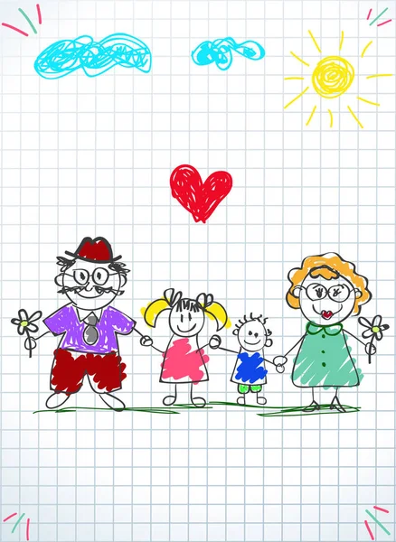 儿童彩色手绘矢量插图的男子 妇女和儿童手牵着手 在正方形笔记本电脑的背景 快乐家庭孩子图画 — 图库矢量图片