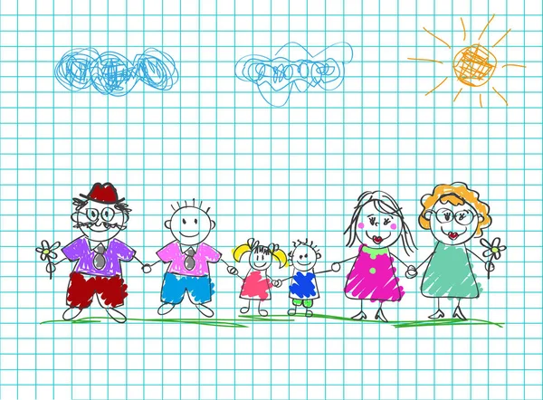 孩子们的图画幸福的家庭 彩色铅笔手绘矢量插图的妈妈 祖父母和孩子们牵手在一起的平方笔记本纸的背景 明信片字符 — 图库矢量图片