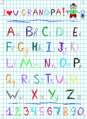 Seni seviyorum büyükbaba başlık ve çocuk çizimleri dedenin torunu ile çok renkli bebek kroki el çizilmiş doodle alfabesinde geçerli olan harfleri ve rakamları üzerinde kare defter sayfası vektör çizim ile ben.