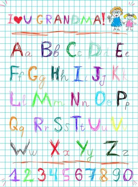 Çok renkli bebek kroki el çizilmiş doodle alfabesinde geçerli olan harfleri ve rakamları üzerinde kare defter sayfası vektör çizim ile ben Büyükanne Büyükanne torunu ile başlık ve çocuk çizimlerinin seviyorum.