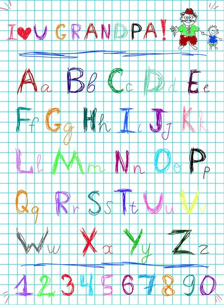 Multi Colorido Bebê Esboço Mão Desenhado Doodle Alfabeto Letras Numerais — Vetor de Stock