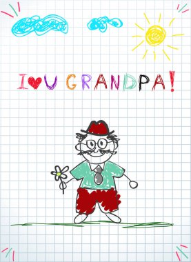 Çocuk renkli çizilmiş doodle vektör çizim tutan çiçek, Güneş, bulutlar ve çocuklar yazıt kare defter sayfası grafik üzerinde büyük baba seni seviyorum büyükbaba ver. Büyükbaba ve Büyükanneler Günü kartpostal