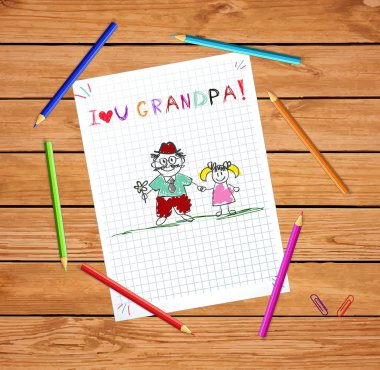 Çocuk renkli el vektör çizim Büyükbaba ve granddughter ile birlikte çekilmiş. Çocuklar yazıt ile renkli kalemler dede ahşap masa üzerinde kare defter sayfasındaki seviyorum.