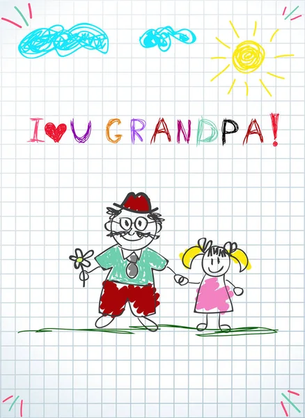 儿童彩色铅笔画 祖父和孙子的向量例证在一起手和题字我爱您爷爷在正方形笔记型纸背景 儿童涂鸦图纸 — 图库矢量图片