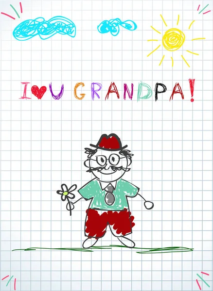 Çocuk renkli çizilmiş doodle vektör çizim tutan çiçek, Güneş, bulutlar ve çocuklar yazıt kare defter sayfası grafik üzerinde büyük baba seni seviyorum büyükbaba ver. Büyükbaba ve Büyükanneler Günü kartpostal