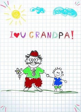 Çocuk renkli çizimler kalem. Dede ve torun tutan eller ve büyükbaba kare defter sayfa arka planı üzerinde ben seni yazıt birlikte illüstrasyon vektör. Çocuk çizimleri doodle.