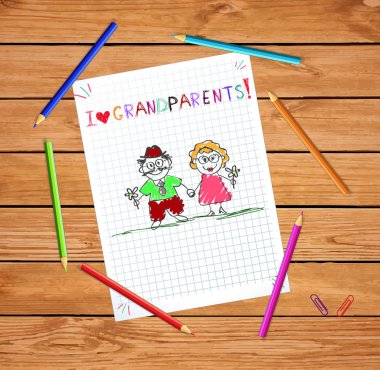 Çocuk renkli el vektör tebrik kartı büyükanne ve Büyükbaba ile birlikte çekilmiş. Çocuklar yazıt renkli kalemler ile dedesi ahşap masa üzerinde kare defter sayfasındaki seviyorum.