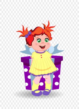 Sevimli çizgi ile kızıl saçlarını sarı giyen küçük kız karakter elbise şeffaf arka plan üzerinde büyük hediye kutusu tutarak çizimi vektör. Kawaii bebek tebrik kartı tasarımı, kartpostal küçük resim için.