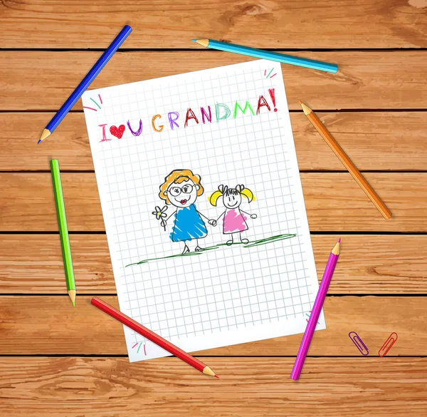 Niños Lápiz Colorido Dibujo Ilustración Abuela Nieta Juntos Tomados Mano — Vector de stock