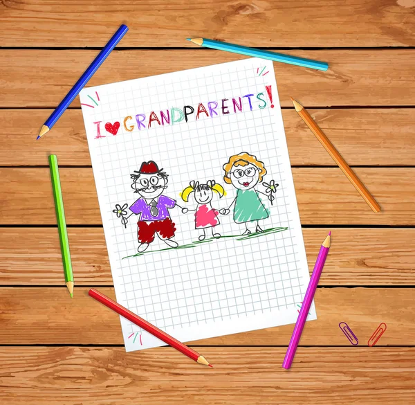 Children Colorful Hand Drawn Vector Greeting Card Grandpa Grandma Granddaughter — Stock Vector
