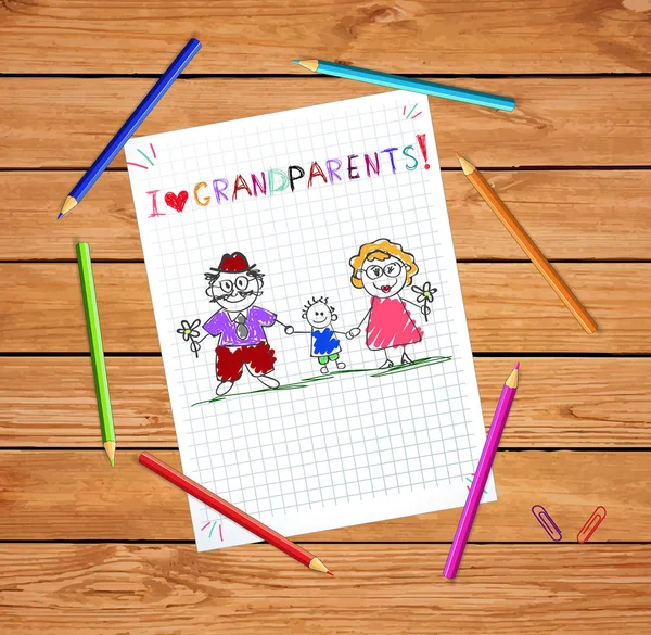 Kinder Bunte Handgezeichnete Vektor Grußkarte Mit Opa Oma Und Enkel — Stockvektor