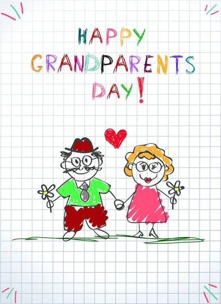 Kinder Buntstift Handgezeichnete Vektor Grußkarte Mit Opa Und Oma Zusammen — Stockvektor