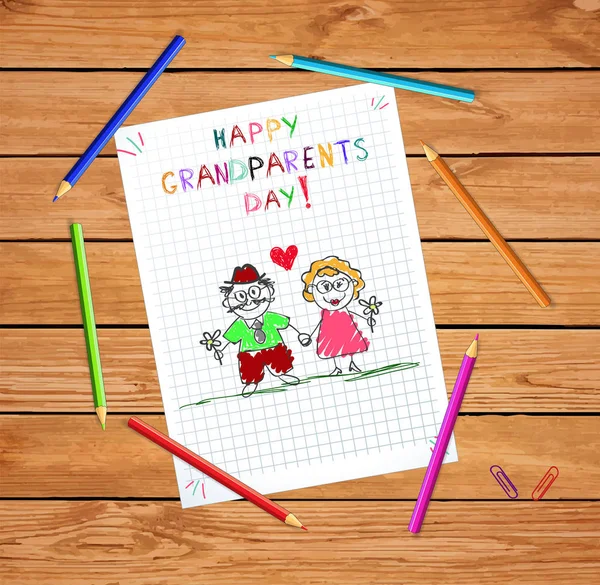 子供カラフルな手では おじいちゃんとおばあちゃんとベクトル グリーティング カードを一緒に描画されます 子供碑文敬老の日おめでとう周り色鉛筆で木製の机の上のノートのシートをグラフ化します — ストックベクタ