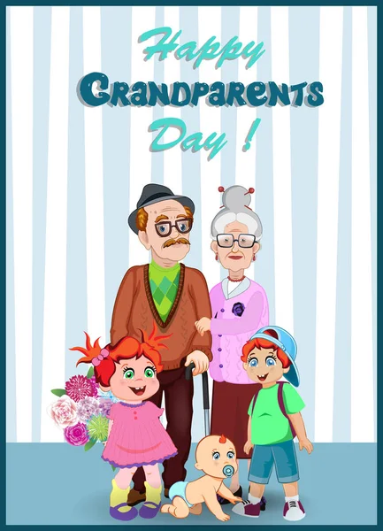 幸せな祖父母の日グリーティング カード 老夫婦と孫が一緒に漫画ベクトル イラスト 孫と赤ちゃんの部屋 — ストックベクタ