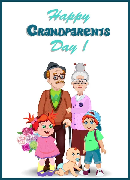 Boldog Nagyszülők Nap Üdvözlőlap Rajzfilm Vektoros Illusztráció Idős Házaspár Unokák — Stock Vector