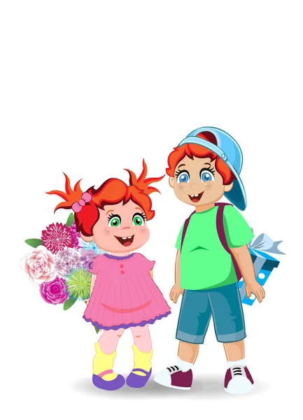 Cartoon Illustration Cute Little Kids Flowers Present Holiday Celebration Clip — Stock Vector