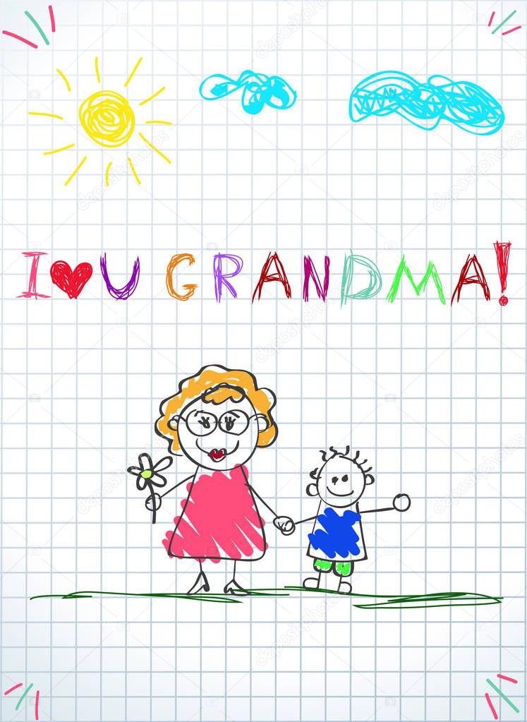 Kids drawings of happy family. Colorful pencil hand drawn vector illustration of grandmother and grandchild holding hands together on squared notebook sheet background. I love you grandma inscription.