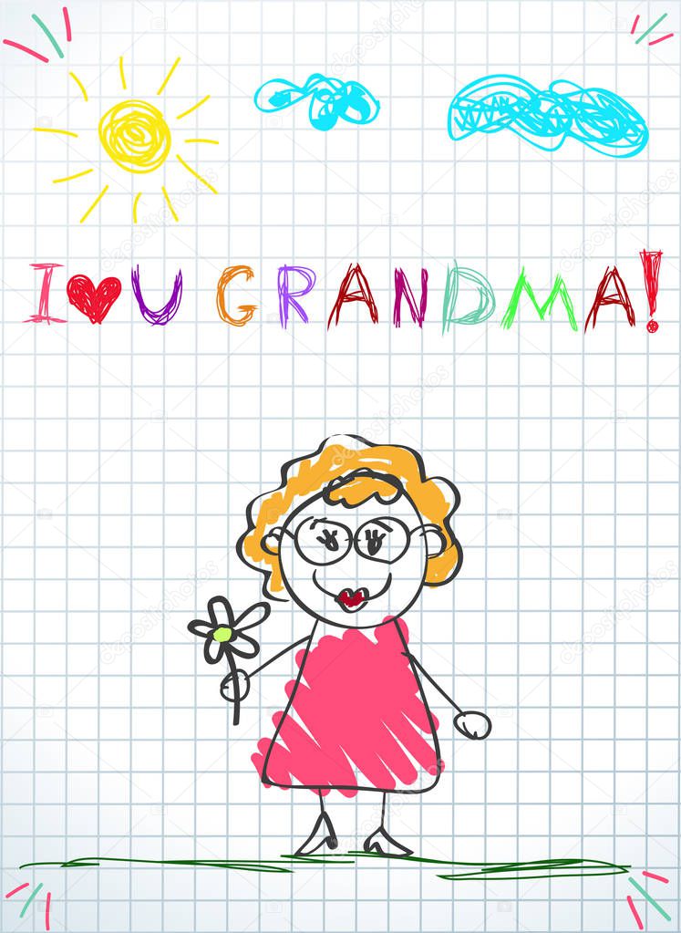Kids drawings. Colorful pencil hand drawing vector illustration of grandmother holding flower on squared notebook sheet background. I love you grandma inscription.