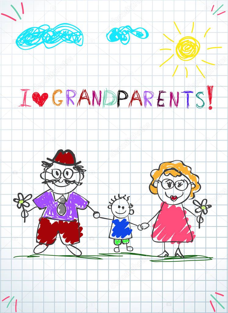 Children colorful hand drawn vector greeting card with grandpa, grandma and grandson together. Kids inscription I love grandparents on notebook squared sheet. Children colorful pencil drawings.