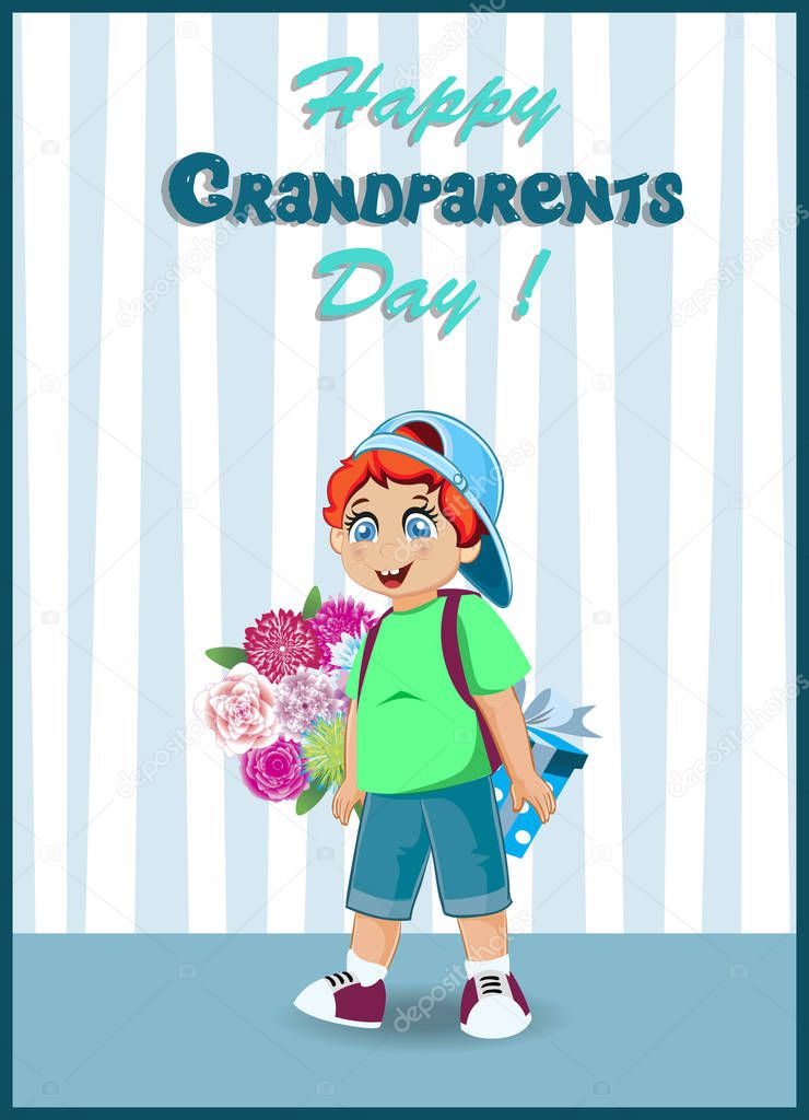 Download Happy Grandparents Day Greeting Card Cartoon Vector Illustration Of Cute Grandson Boy With Bunch Of Flowers And Gift Box For Grandma And Grandpa In The Room With Striped Wallpaper Kid With