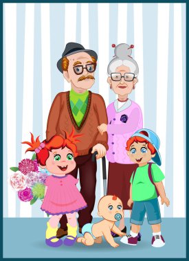 Çizgi film vektör Illustration dedesi ve torun birlikte. Büyükbaba, Büyükanne, torunu, torunu ve bebek odasında çiçekli. Tebrik kartı karakterler, mutlu bir aile.