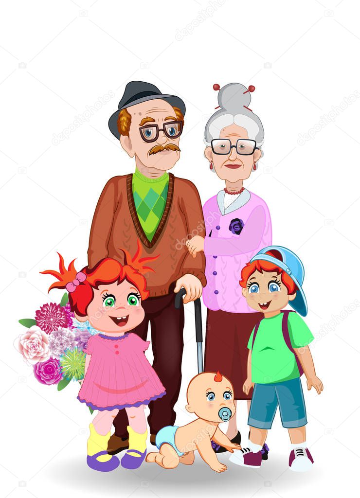 Cartoon vector illustration of grandparents and grandchildren together. Grandfather, grandmother, granddaughter, grandson and baby with flowers on white. Greeting card, happy family clip art.