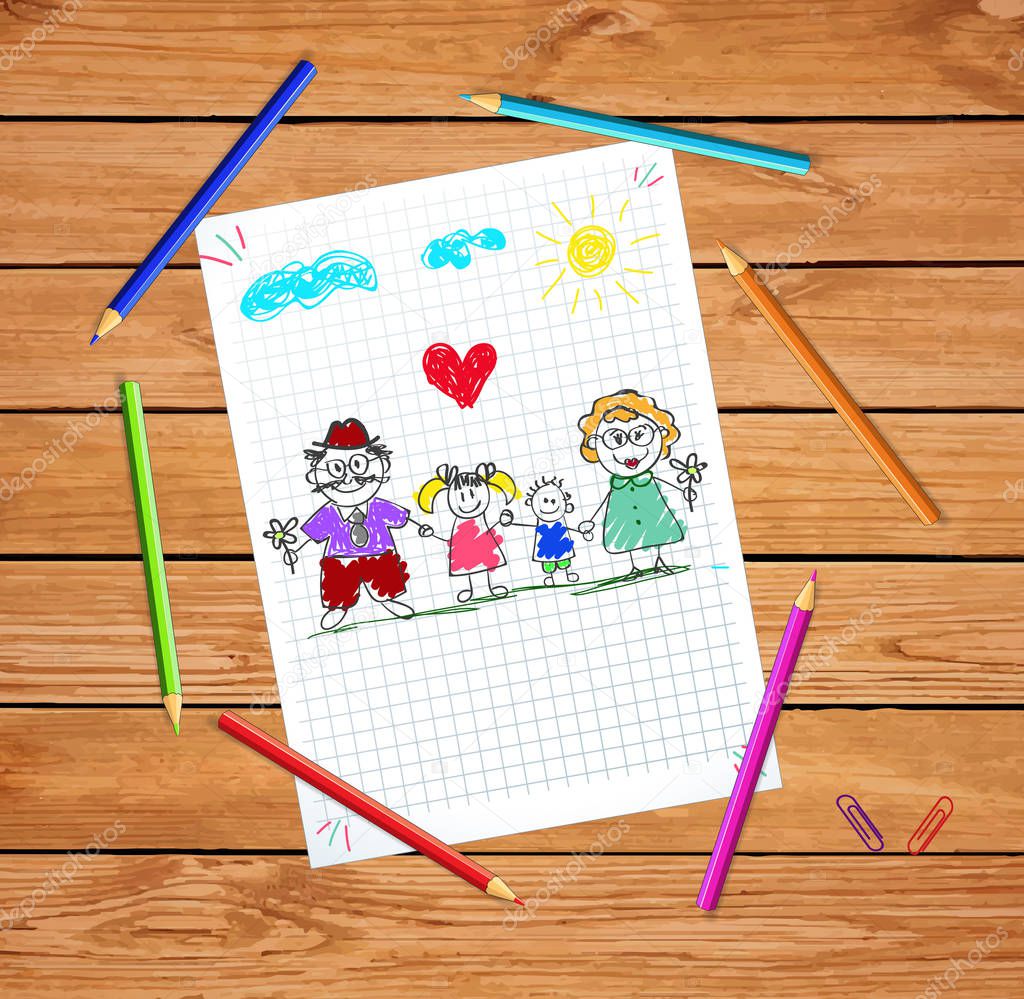 Children colorful hand drawn vector illustration of grandfather, grandmother, grandson and granddaughter together on squared notebook sheet on wood table with colored pencils around. Grandparents day.