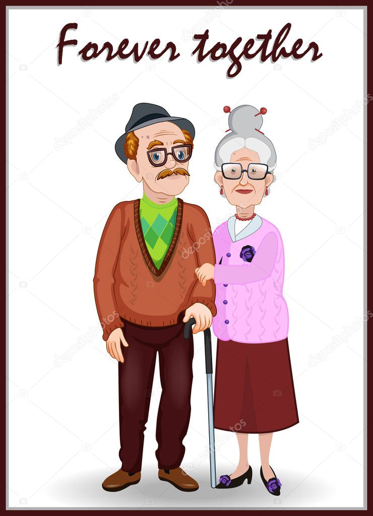 Forever together greeting card. Grandparents day cartoon vector illustration of elderly couple holding hands. Old woman and old man embrace. Feeling happy of grandpa and grandma retirement age.