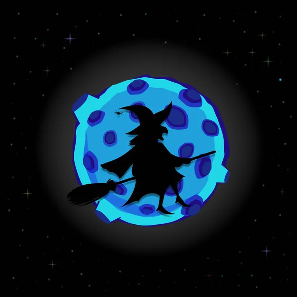 満月ブルーとキラキラ星と夜空の背景の飛行のほうきの古い不気味な魔女の黒いシルエットは ハロウィーンのベクトル漫画イラスト グリーティング カード 招待状 チラシ バナー — ストックベクタ
