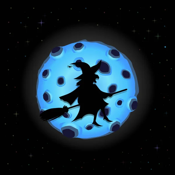 満月ブルーとキラキラ星と夜空の背景の飛行のほうきの古い不気味な魔女の黒いシルエットは ハロウィーンのベクトル漫画イラスト グリーティング カード 招待状 チラシ バナー — ストックベクタ