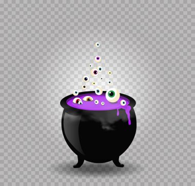 Black witch steaming pot cauldron with purple boiling potion, eyeballs isolated. Halloween vector illustration, clip art, icon, sign, witch symbol. Design element for greeting card, invitation, flyer clipart