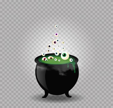 Black witch steaming pot cauldron with green boiling potion, eyeballs isolated. Halloween vector illustration, clip art, icon, sign, witch symbol. Design element for greeting card, invitation, flyer clipart