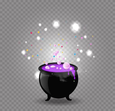 Kara cadı pot kazan iksir, sparkles ve izole kabarcık kaynar pembe ile. Cadılar Bayramı vektör çizim, küçük resim, simge, işaret, cadı sembolü. Tasarım öğesi için tebrik kartı, davet, el ilanı