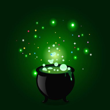 Black witch pot cauldron with boiling potion, glowing sparkles and bubbles on green background. Halloween vector illustration, greeting card, icon, witch symbol. Design element for invitation, flyer. clipart