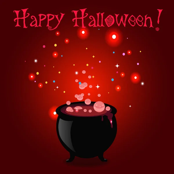 Feliz Cartão Felicitações Halloween Caldeirão Bruxa Com Poção Espumante Fervente — Vetor de Stock