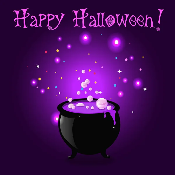 Glückliche Glückwunschkarte Halloween Hexenkessel Mit Brodelndem Zaubertrank Und Inschrift Auf — Stockvektor