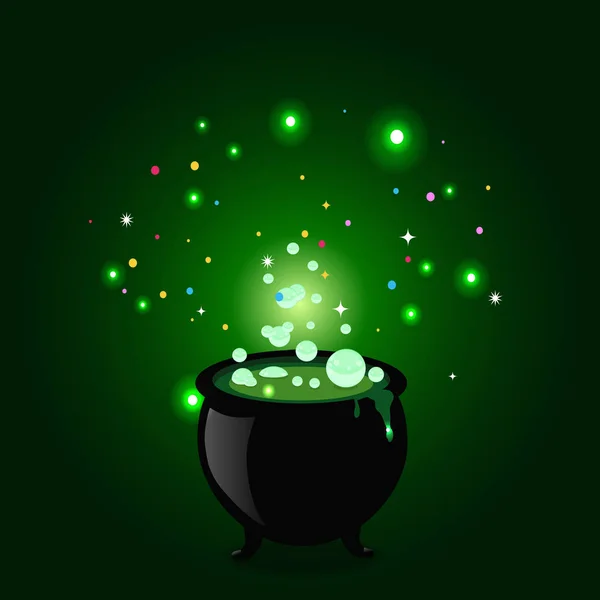 Black Witch Pot Cauldron Boiling Potion Glowing Sparkles Bubbles Green — Stock Vector