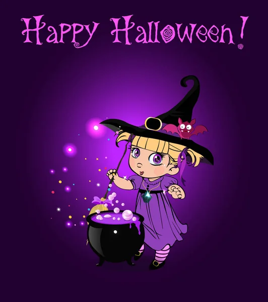 Feliz Tarjeta Felicitación Vectorial Halloween Con Linda Niña Rubia Bruja — Vector de stock